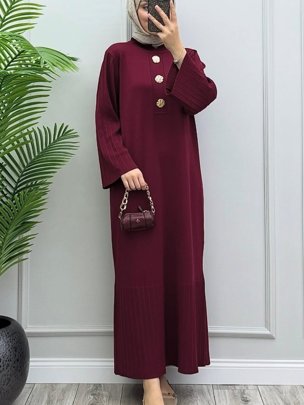 Elegant Burgundy Long Sleeve Modest Dress with Button Detail